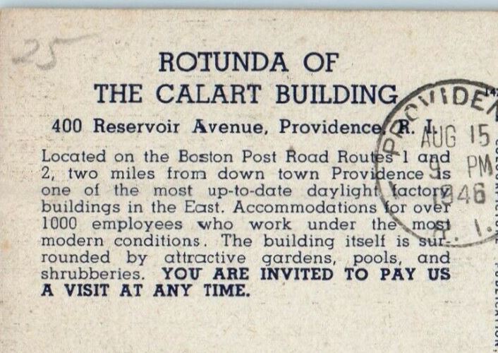 1946 Rotunda Of The Calart Building Providence Rhode Island RI Vintage Postcard