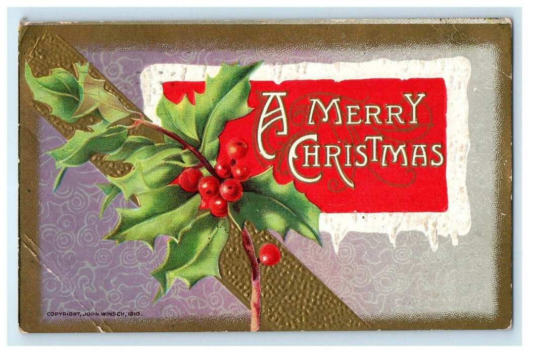 1913 John Winsch A Merry Christmas With Holly Berries Embossed Antique Postcard
