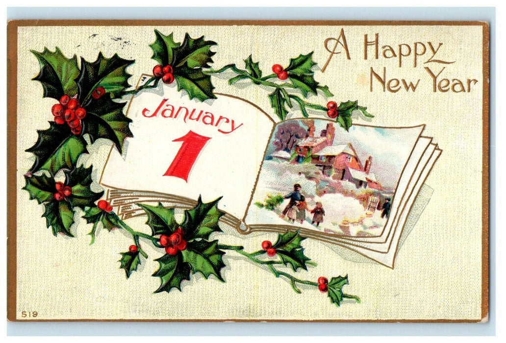 1911 New Year Winsch Back Holly Berries And Books January 1 Embossed Postcard