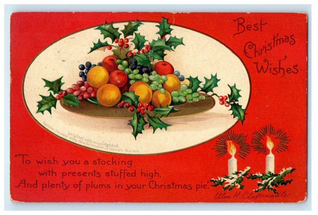1908 Christmas Ellen Clapsaddle Fruit Candles Holly Berries Embossed Postcard