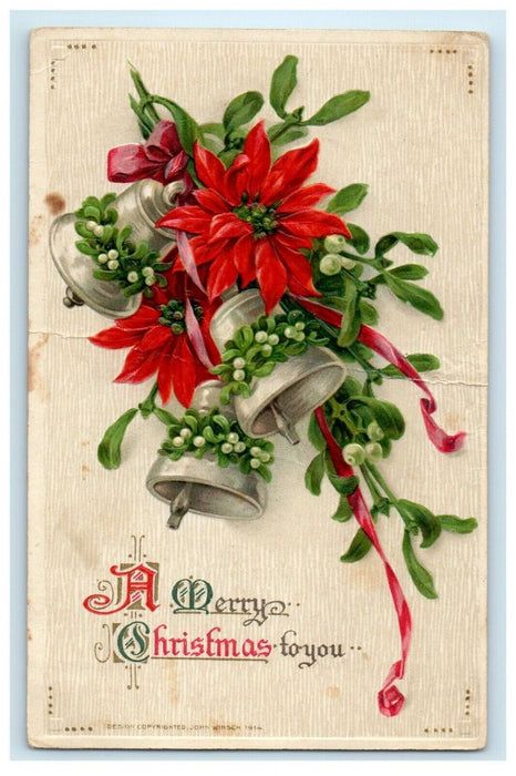 Winsch Back A Merry Christmas To You Poinsettia With Bells Embossed Postcard