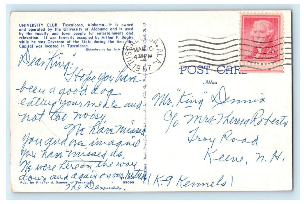 1957 University Club, University of Alabama, Tuscaloosa Alabama AL Postcard