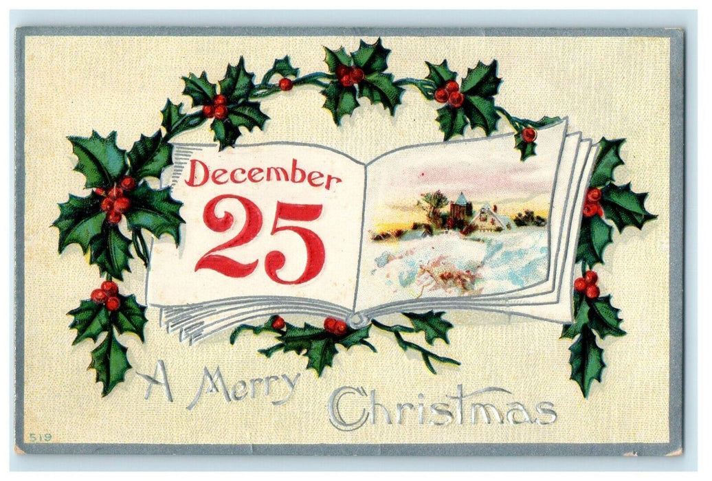 1910 Christmas Holly Book December 25 Winter Family Scene Winsch Back Postcard