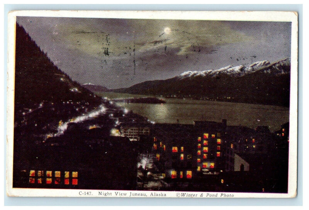 1939 Juneau at Night, Juneau Alaska AK RPO Cancelled Vintage Postcard