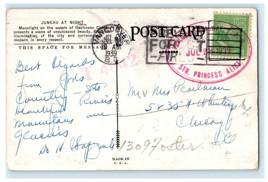 1939 Juneau at Night, Juneau Alaska AK RPO Cancelled Vintage Postcard