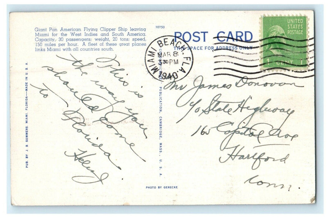 1940 Early Morning Takeoff Of Pan American Clipper Ship Miami Florida Postcard