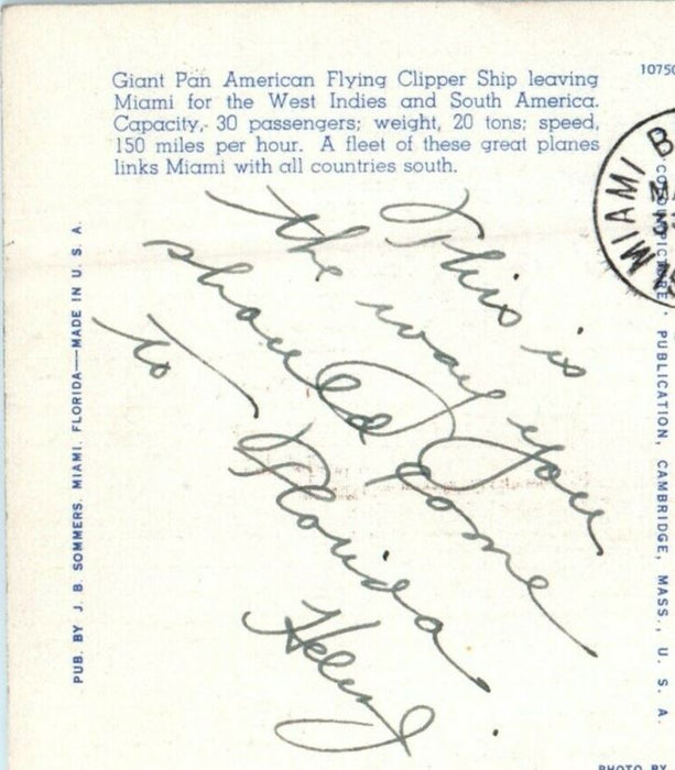 1940 Early Morning Takeoff Of Pan American Clipper Ship Miami Florida Postcard