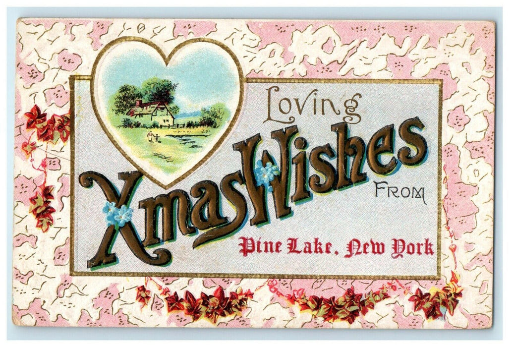 1910 Christmas Xmas Wishes from Pine Lake New York NY Embossed Cancel Postcard