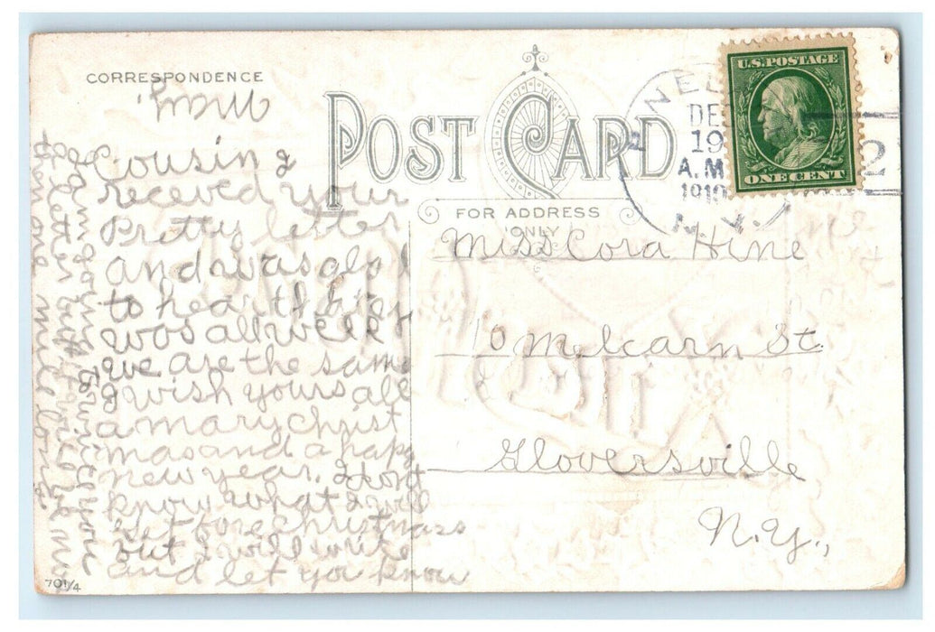 1910 Christmas Xmas Wishes from Pine Lake New York NY Embossed Cancel Postcard