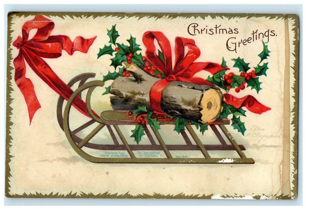 Christmas Greetings Ellen Clapsaddle Yule Log Gold Sled Holly Berries Postcard