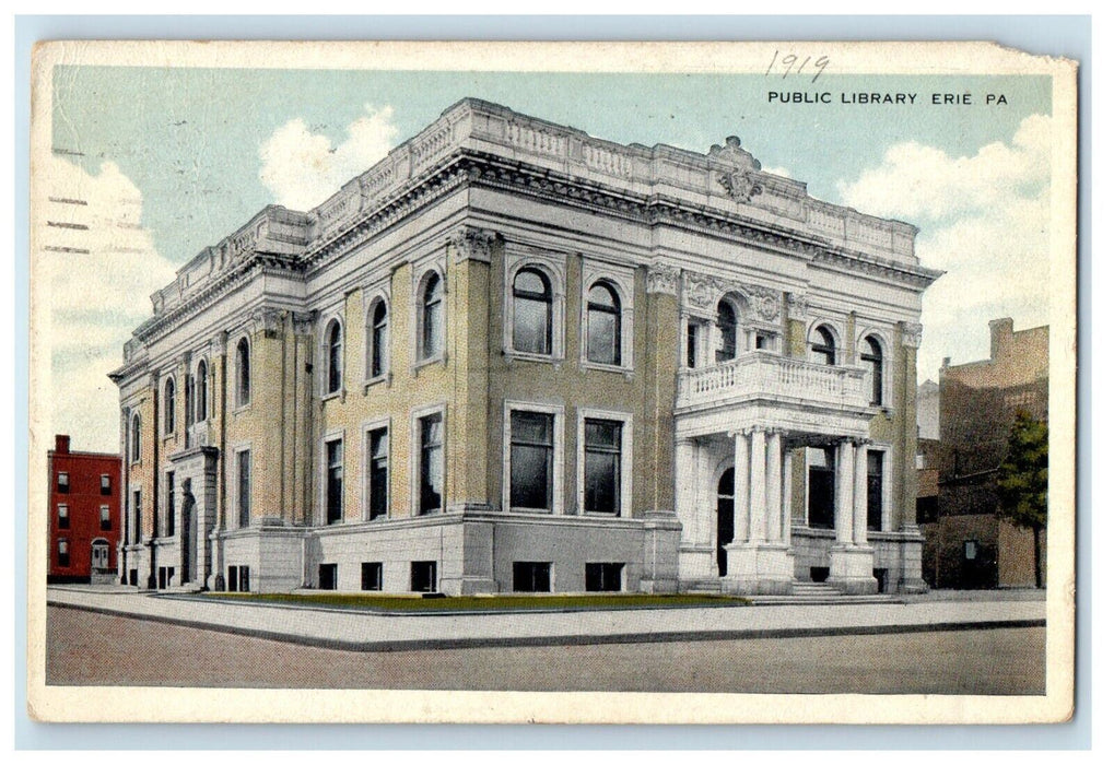 1919 Public Library Building Street View Erie Pennsylvania PA Antique Postcard