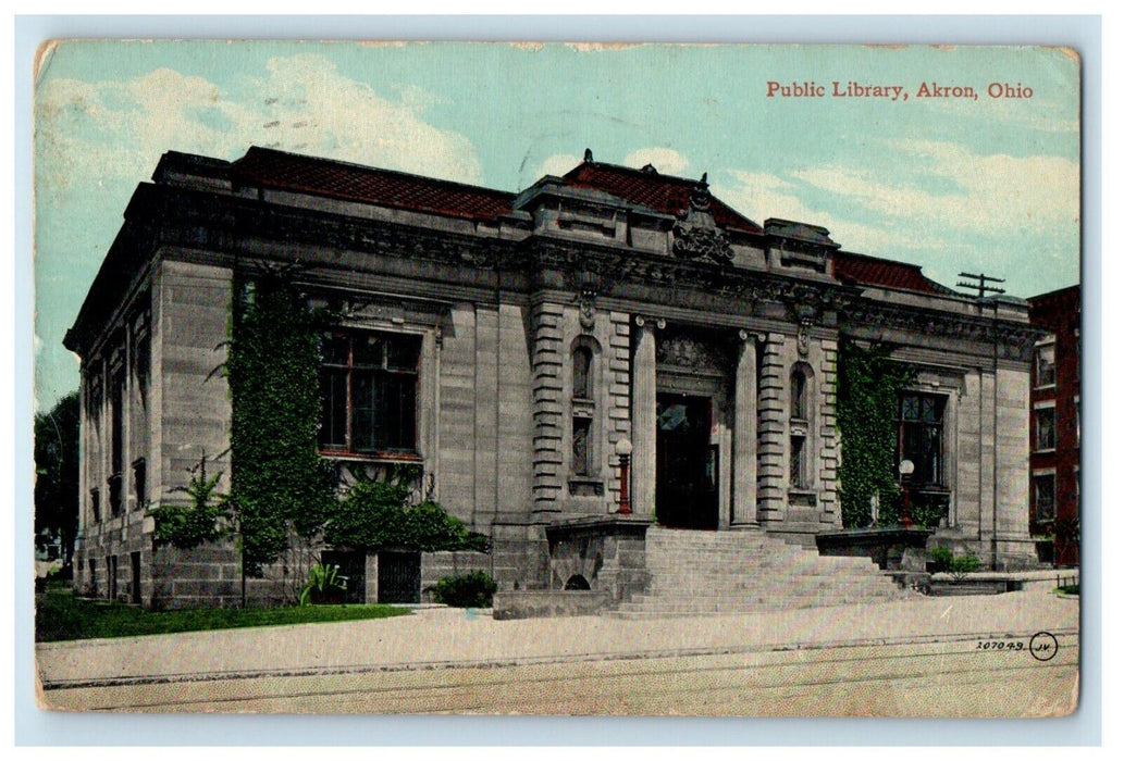 1914 Public Library Building Street View Akron Ohio OH Posted Antique Postcard