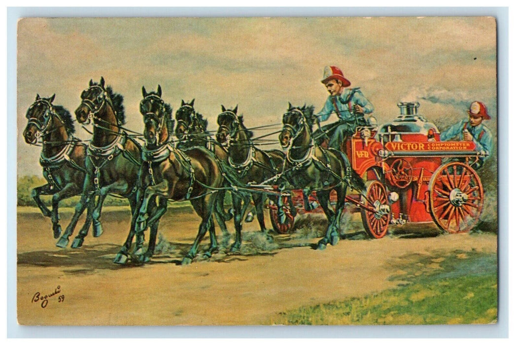 Chicago IL, Victor Six Pony Hitch Pumper Fire Engine Wagon Horses Postcard