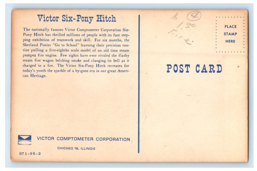 Chicago IL, Victor Six Pony Hitch Pumper Fire Engine Wagon Horses Postcard