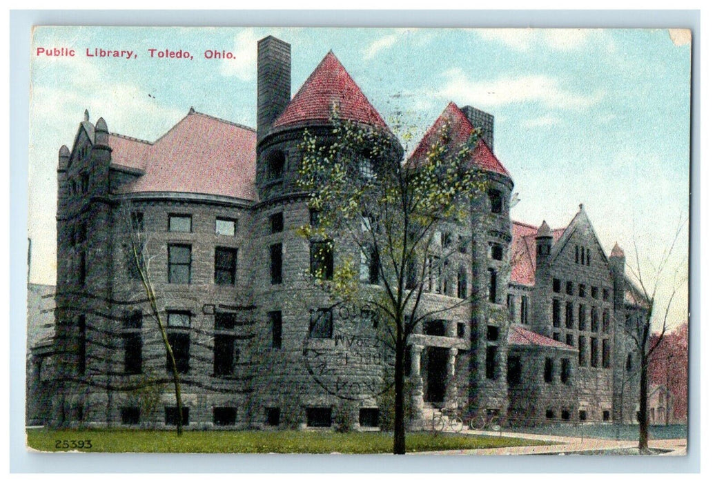 1910 Public Library Building Bicycle FrontToledo Ohio OH Posted Antique Postcard