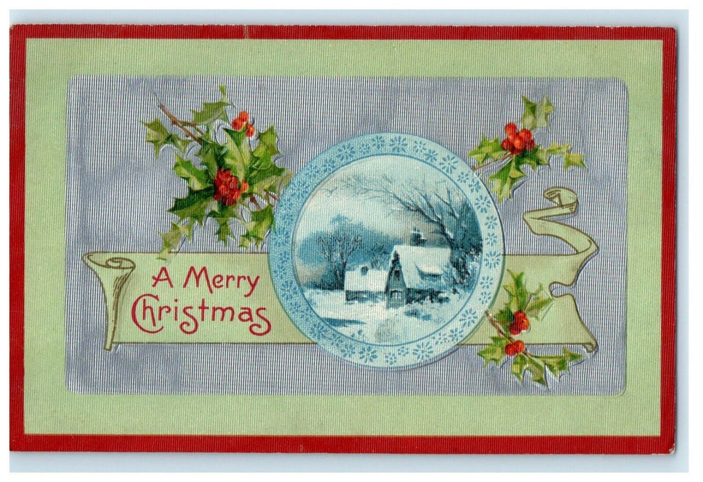 1907 A Merry Christmas Winsch Back Holly Winter Snow Scene Embossed Postcard
