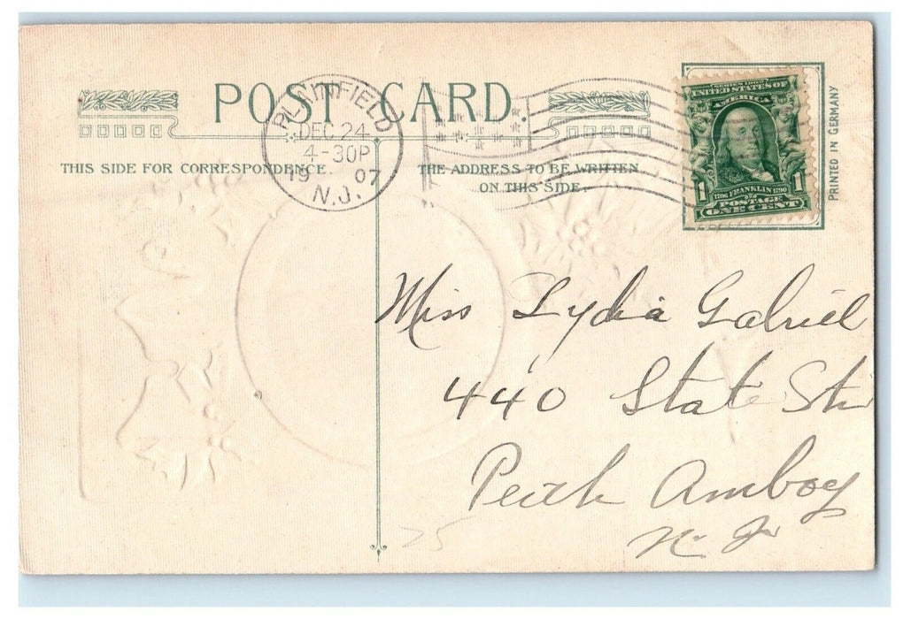 1907 A Merry Christmas Winsch Back Holly Winter Snow Scene Embossed Postcard