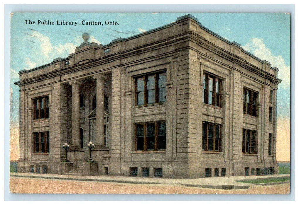 1917 Canton Ohio OH, Public Library Building Scene Street Antique Postcard