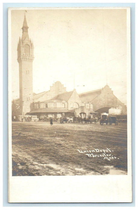 c1905 Union Depot Worcester Massachusetts MA RPPC Photo Postcard