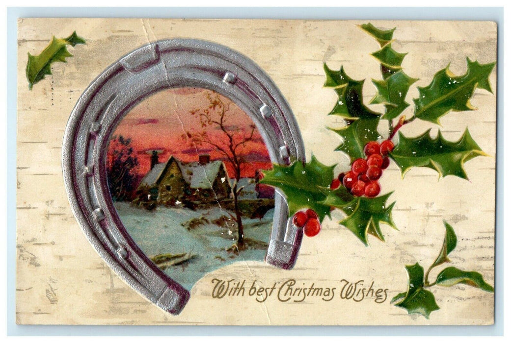 1907 Christmas Holly Silver Horseshoe Snow Winter House Winsch Back Postcard