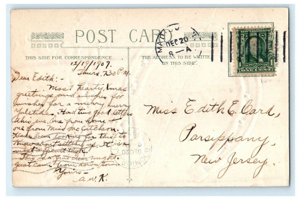 1907 Christmas Holly Silver Horseshoe Snow Winter House Winsch Back Postcard