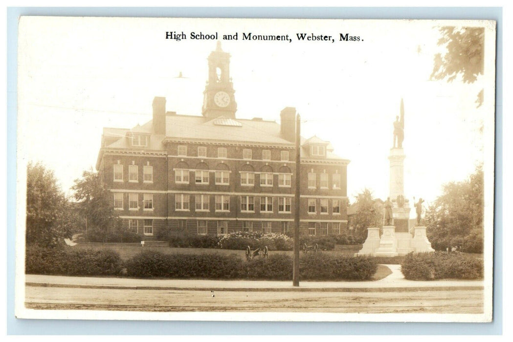 c1910's High School And Monument Webster Massachusetts MA RPPC Photo Postcard