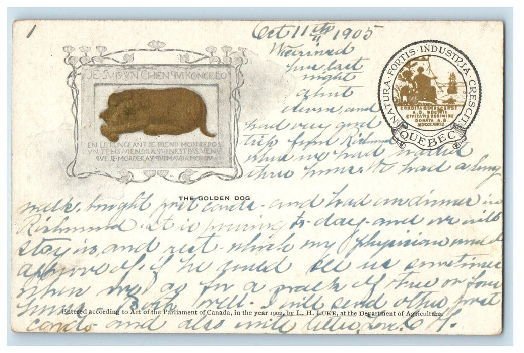 1905 Golden Dog Natura Fortis Industria Crescit Quebec Mystic CT Postcard