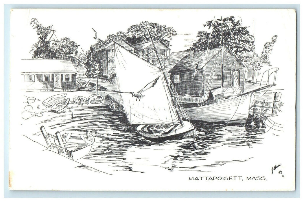 1973 Mattapoisett Massachusetts MA Sketch Fishing Boat House Bird Postcard