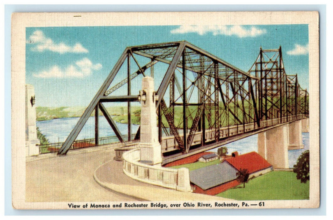 1947 View of Monaca and Rochester Bridge, Over Ohio River Rochester PA Postcard