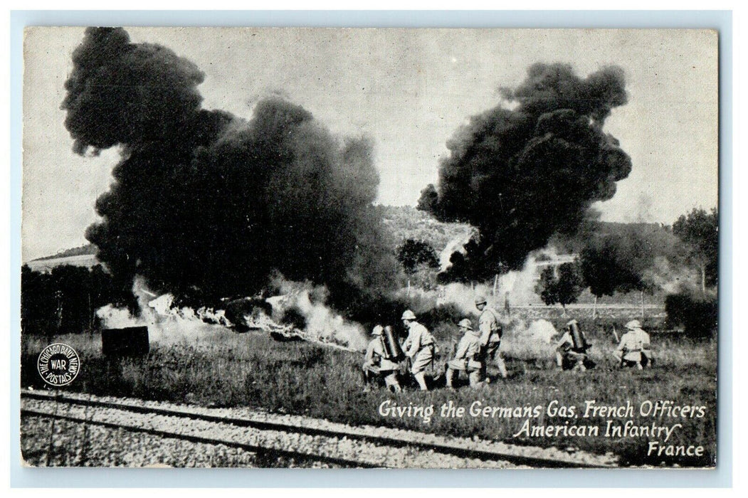 Giving The German Gas French Officers American Infantry France WWI Postcard