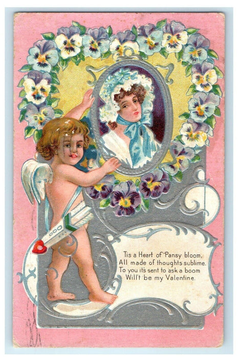 1909 Valentine Cupid Heart Of Pansy Bloom Victorian Girl Embossed Postcard