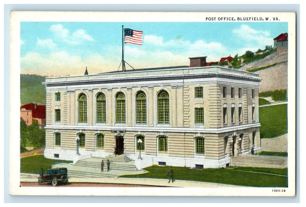 c1930's Post Office Building Car Front Bluefield West Virginia WV Postcard