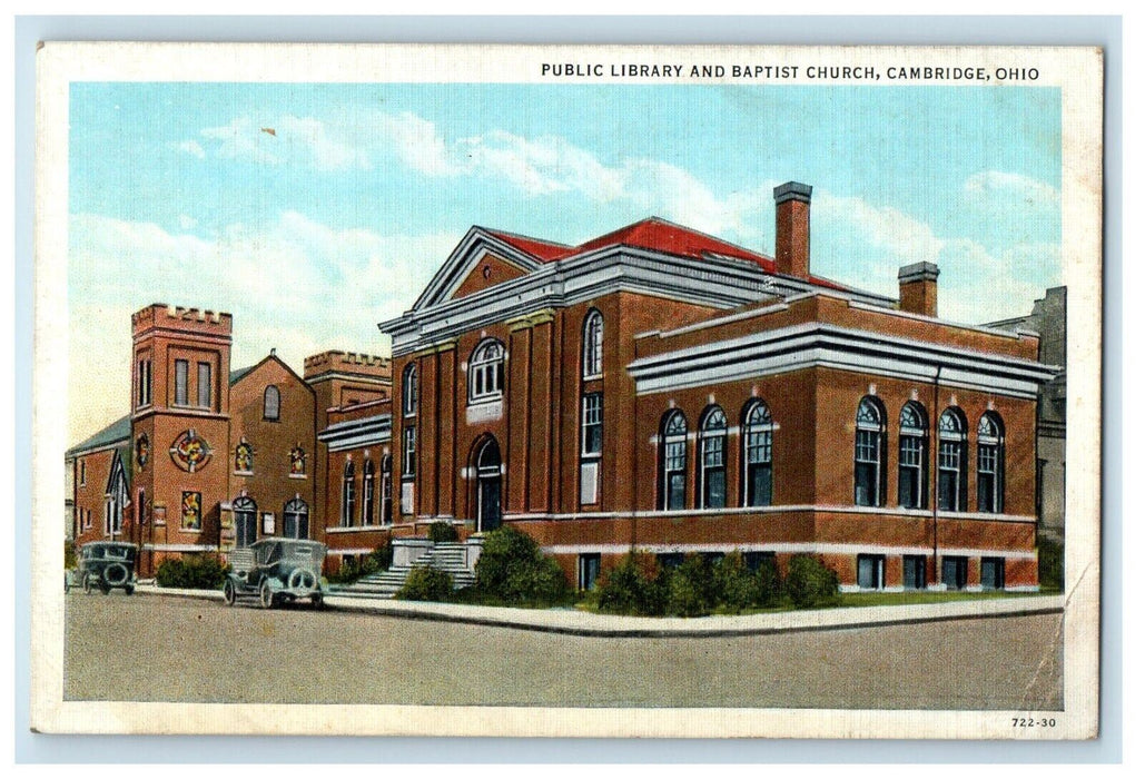 c1930's Public Library And Baptist Church Cambridge Ohio OH Vintage Postcard