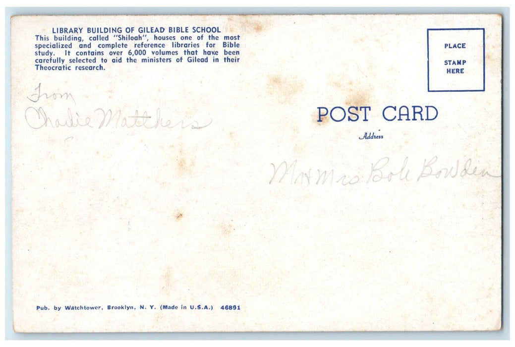 c1960's Library Building Gilead Bible School Watchtower Patterson NY Postcard