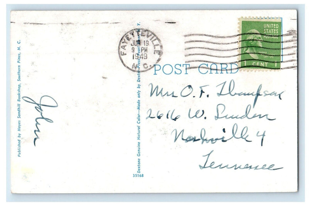 1949 Southern Pines NC,  Southern Pines Public Library  Fayetteville Postcard