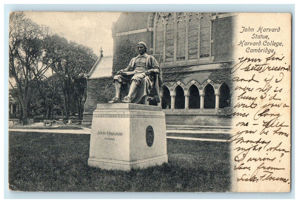 1908 John Harvard Statue, Cambridge Massachusetts MA Posted Cancel Postcard