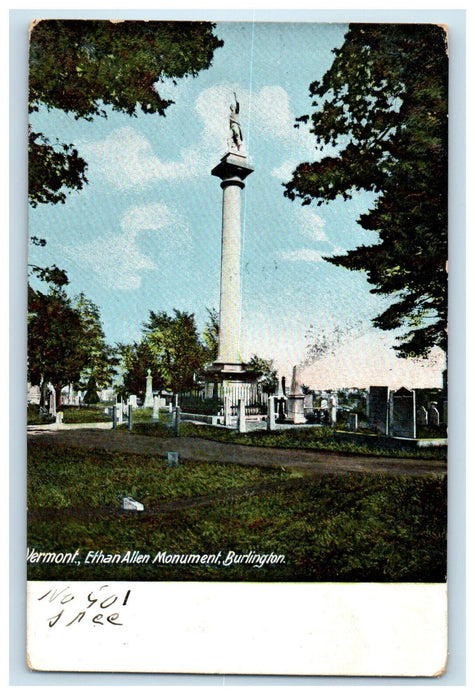 1906 Ethan Allen Monument Burlington Vermont VT Posted Antique Postcard