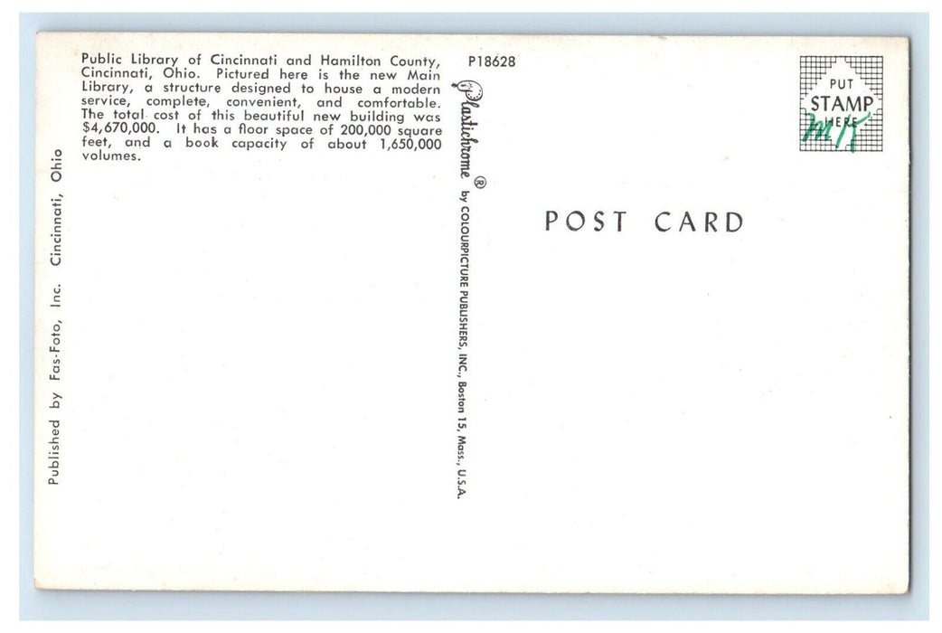 c1950's Cincinnati OH, Public Library Cincinnati Hamilton County Postcard
