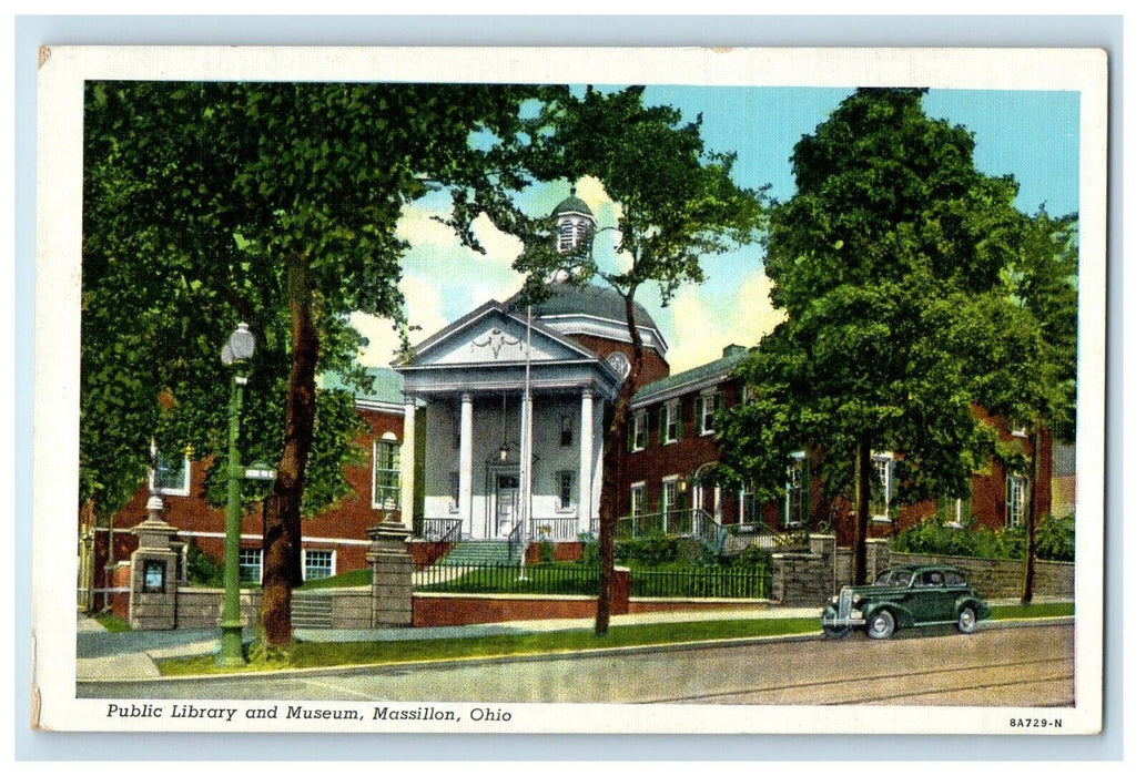 Massillon Ohio OH, Public Library And Museum Car Street View Vintage Postcard