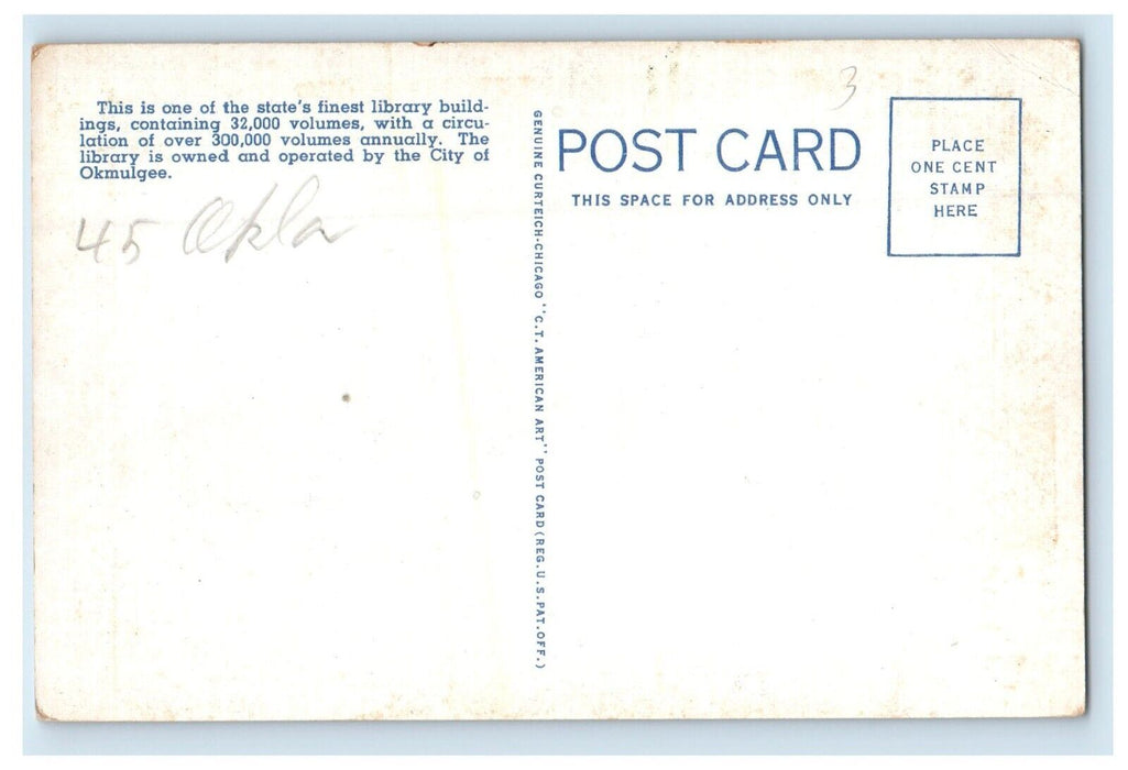 c1940's Okmulgee Public Library Okmulgee Oklahoma Ok Unposted Vintage Postcard