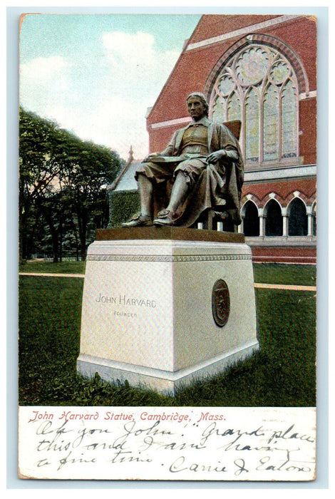 1910 Harvard College, John Harvard Statue, Cambridge MA Cancel Postcard