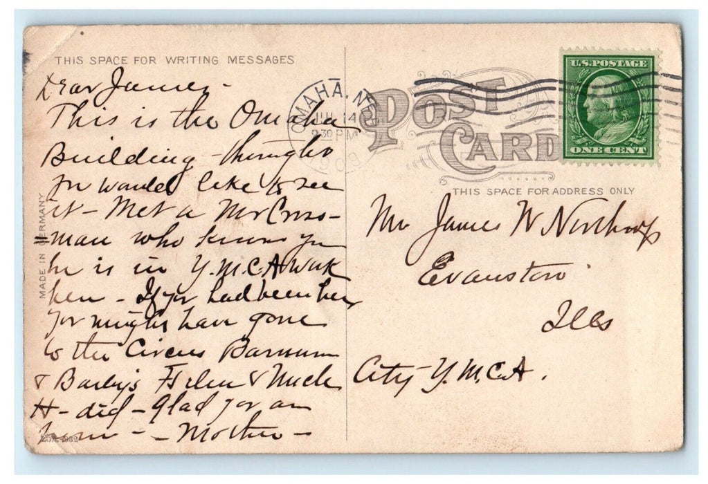 1909 YMCA and YWCA Building in Distance, Omaha Nebraska NE Posted Postcard
