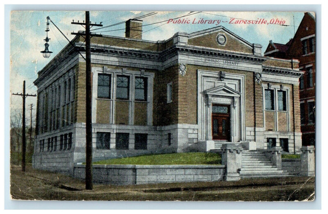 1909 Public Library Building Zanesville Ohio OH Posted Antique Postcard