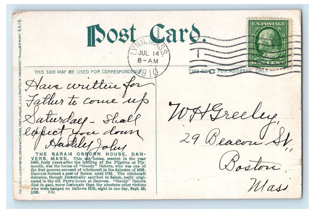 1910 The Sarah Osborn House, Danvers Massachusetts MA Antique Postcard