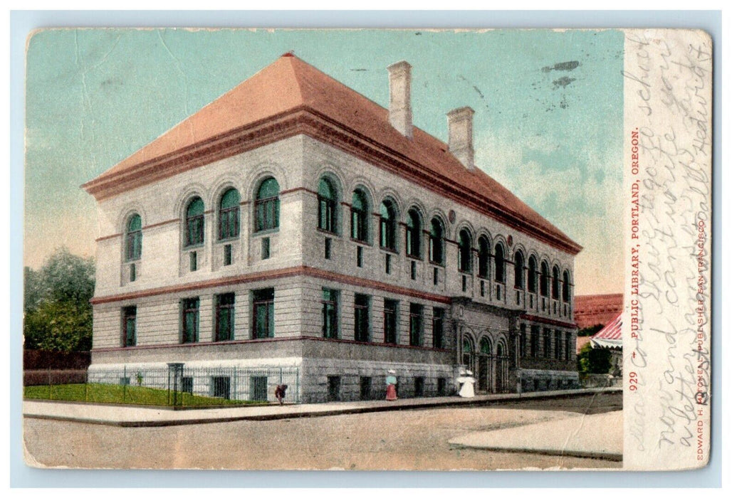 1910 Public Library Building Street View Portland Oregon OR Antique Postcard