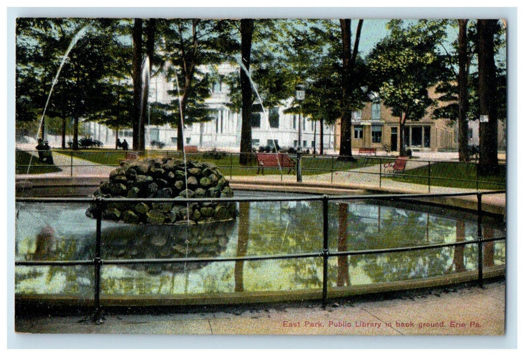 c1910's East Park Public Library In Background Fountain Erie PA Antique Postcard