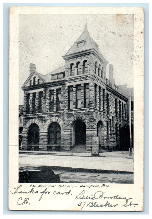 1907 The Memorial Library Street View Mansfield Ohio OH Antique Postcard