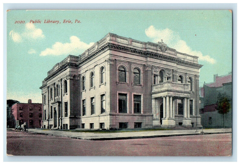c1910's Public Library Building Street View Erie Pennsylvania PA Postcard