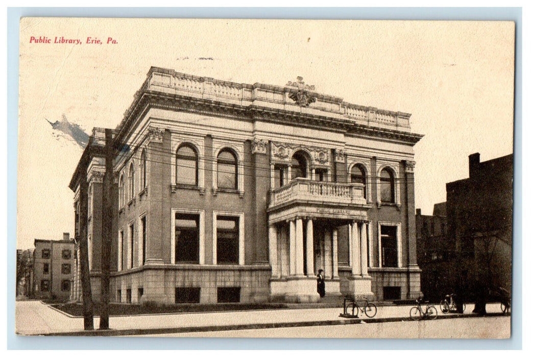 1908 Public Library Building Street View Erie Pennsylvania PA Antique Postcard