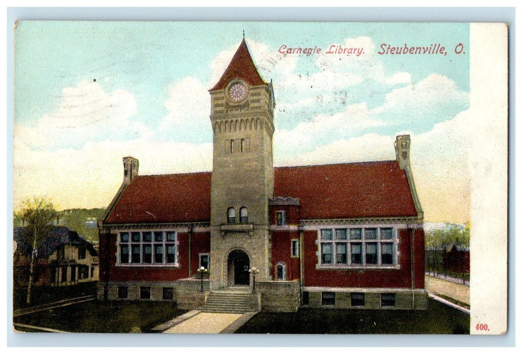 1908 View Of Carnegie Library Building Tower Clock Steubenville Ohio OH Postcard